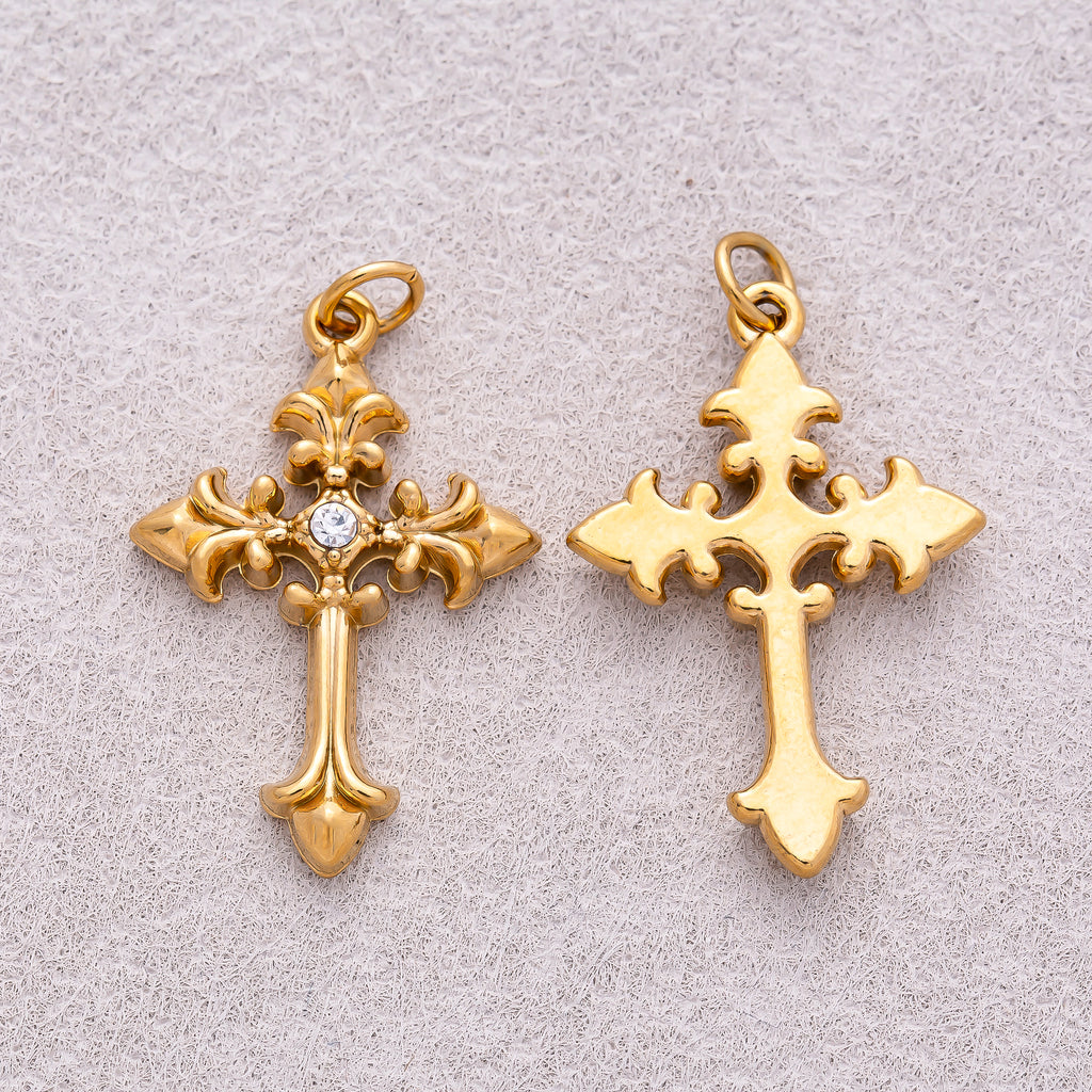 Gold PVD Stainless Steel Clear CZ Vintage Religious Cross Charm