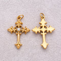 Gold PVD Stainless Steel Clear CZ Vintage Religious Cross Charm