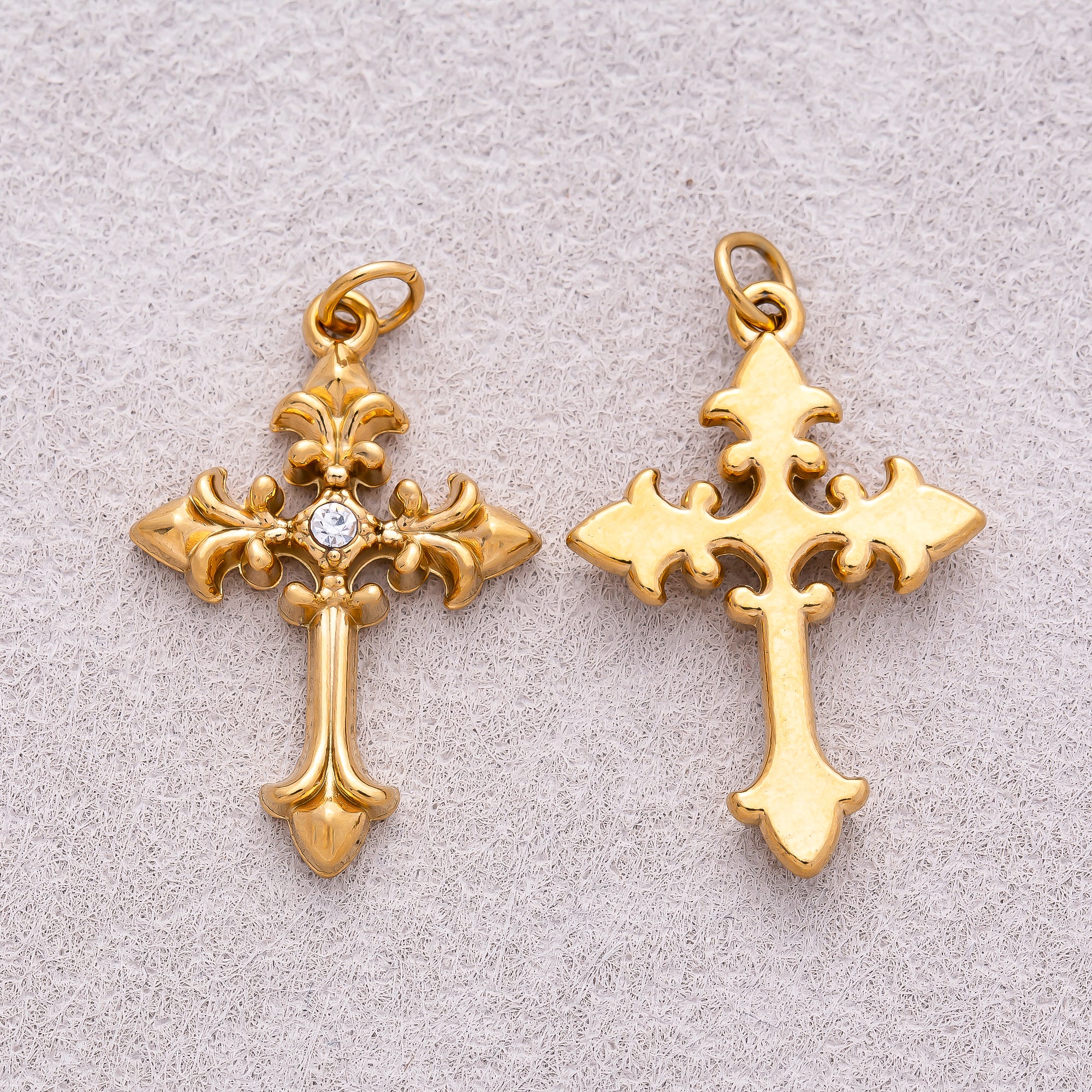 Gold PVD Stainless Steel Clear CZ Vintage Religious Cross Charm