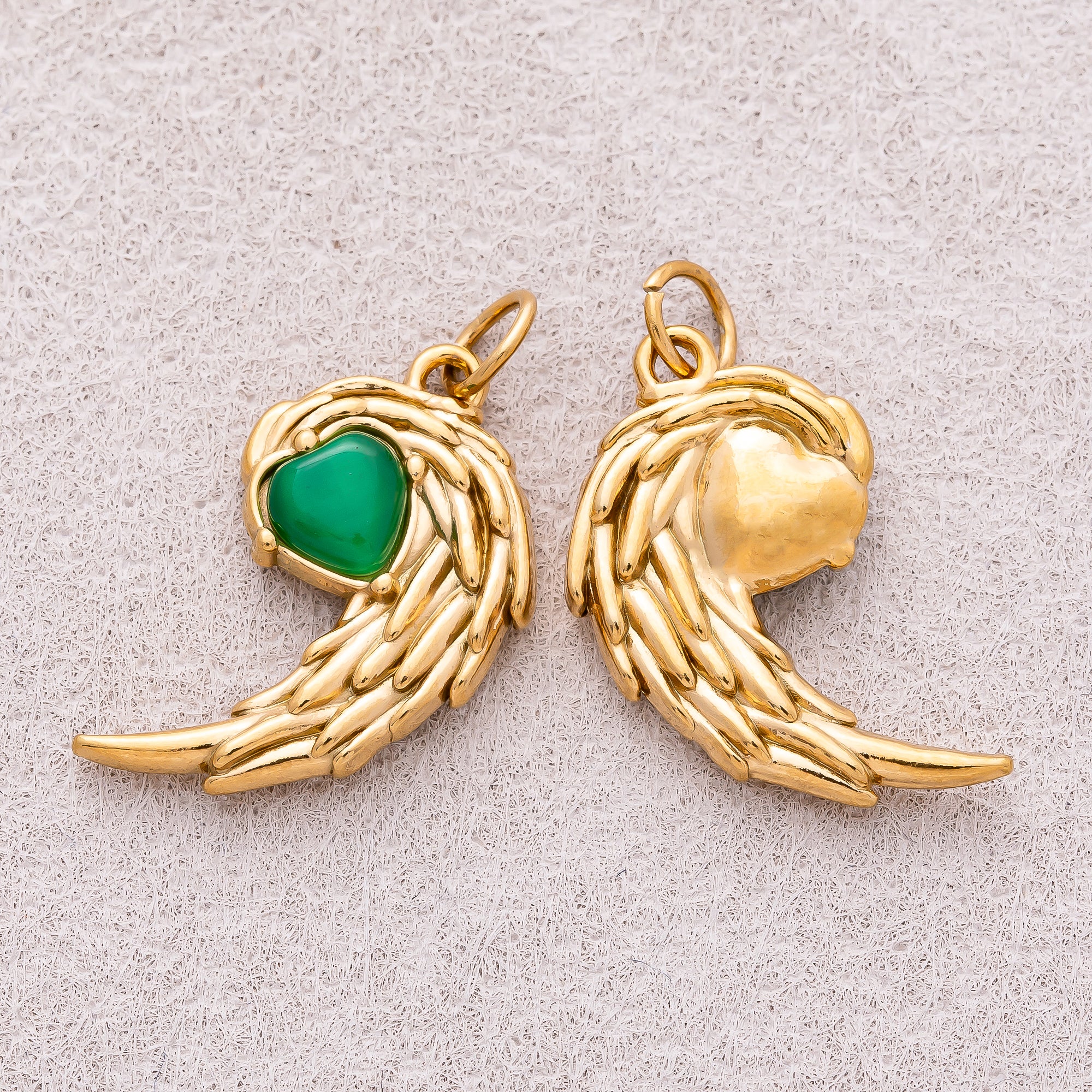 Gold PVD Stainless Steel Emerald Green Half Wings Heart Charm
