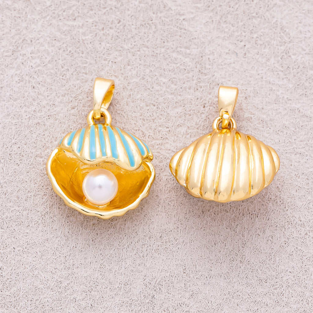 16K Gold Plated Shell Pearl Blue Open Clamshell Pendant - Sold Each