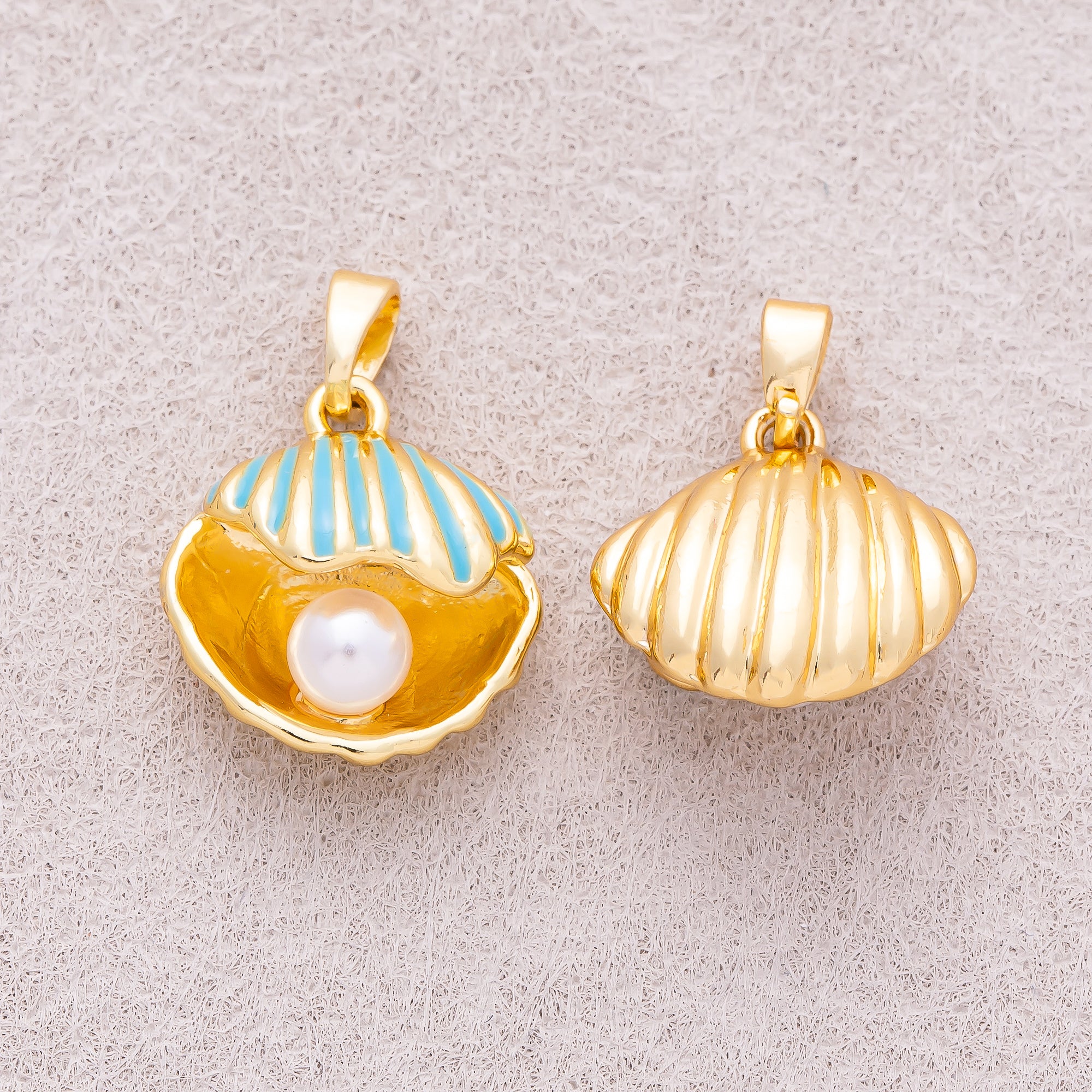 16K Gold Plated Shell Pearl Blue Open Clamshell Pendant - Sold Each