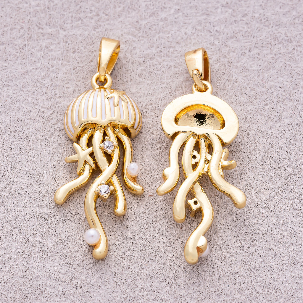 16K Gold Plated Clear CZ Celestial Jelly Fish Ocean Charm - Sold Each