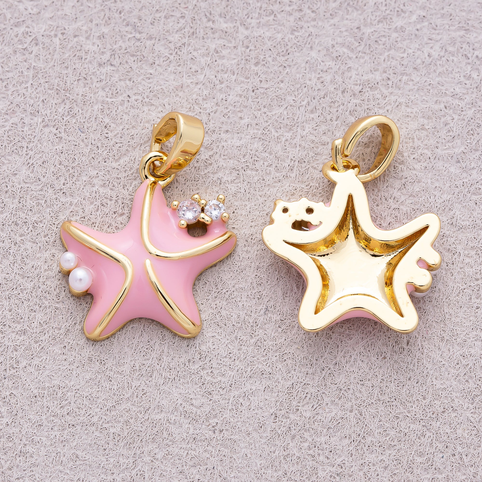 16K Gold Plated Shell Pearl Clear CZ Pink Starfish Ocean Charm - Sold Each