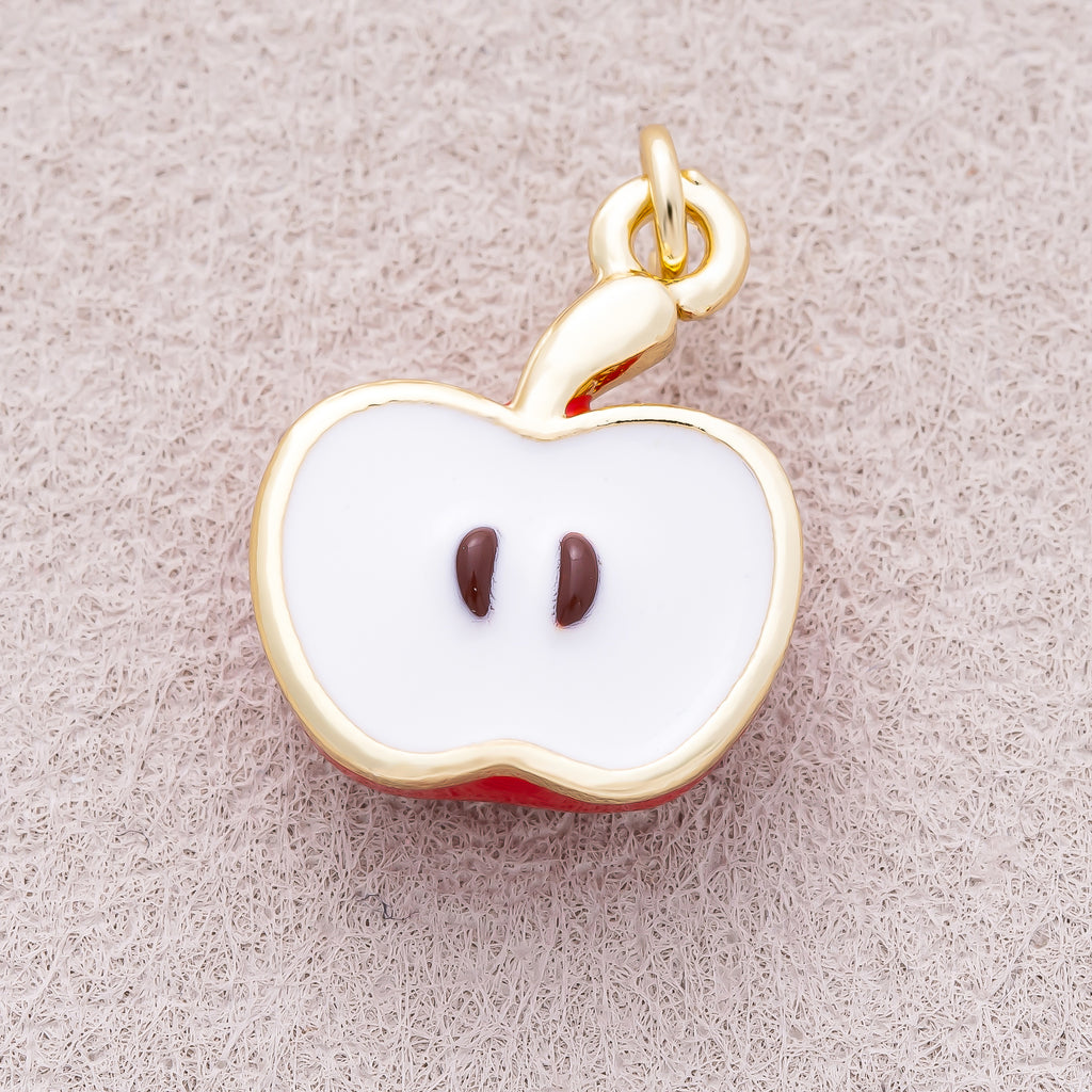 16K Gold Plated Red Enamel Half Slice Apple Fruit Charm - Sold Each