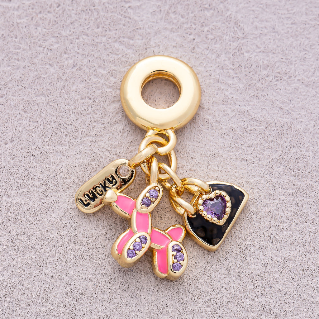 16K Gold Plated Multi-Dangle Dog, Handbag, and Lucky Tag Pendant - Sold Each