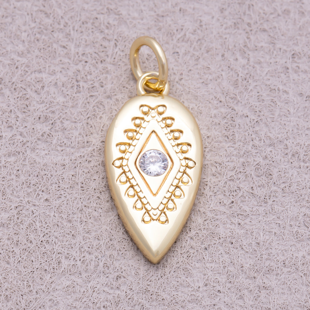 16K Gold Plated Clear CZ Religious Evil Eye Rhombus Teardrop Charm - Sold Each