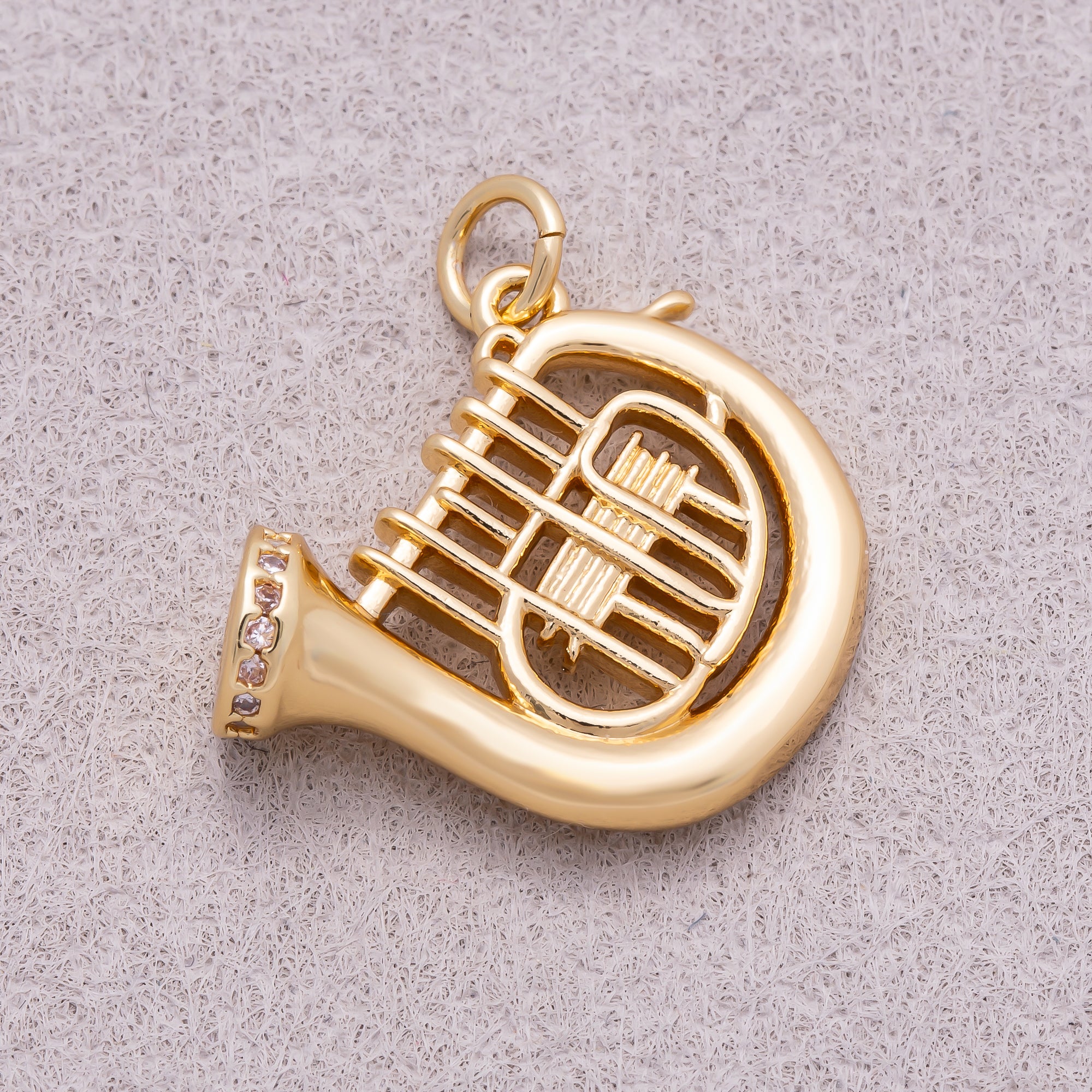 16K Gold Plated Clear CZ French Horn Musical Instrument Charm - Sold Each