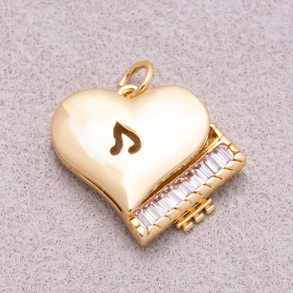 16K Gold Plated Baguette CZ Heart Piano Musical Instrument Charm - Sold Each