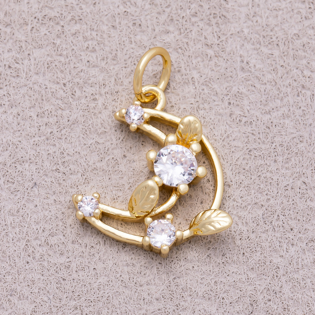 16K Gold Plated Clear CZ Celestial Open Crescent Moon Charm - Sold Each