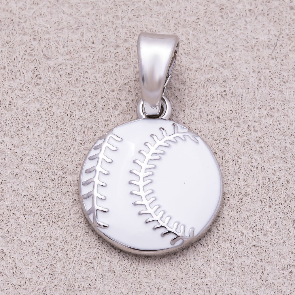 Rhodium Plated White & Green Enamel Baseball Sport Pendant - Sold Each