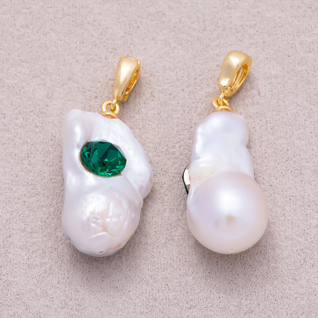 18K Gold Plated Green CZ White Freshwater Pearl Conch Shell Pendant - Sold Each
