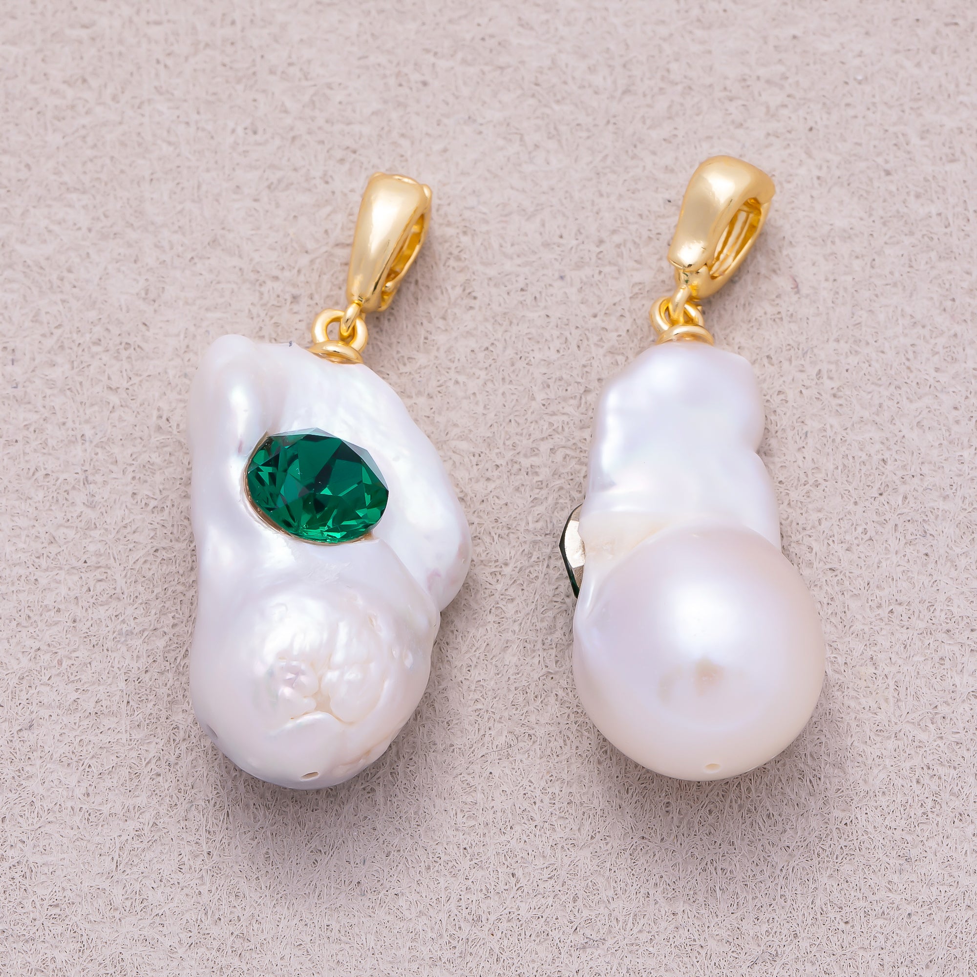 18K Gold Plated Green CZ White Freshwater Pearl Conch Shell Pendant - Sold Each