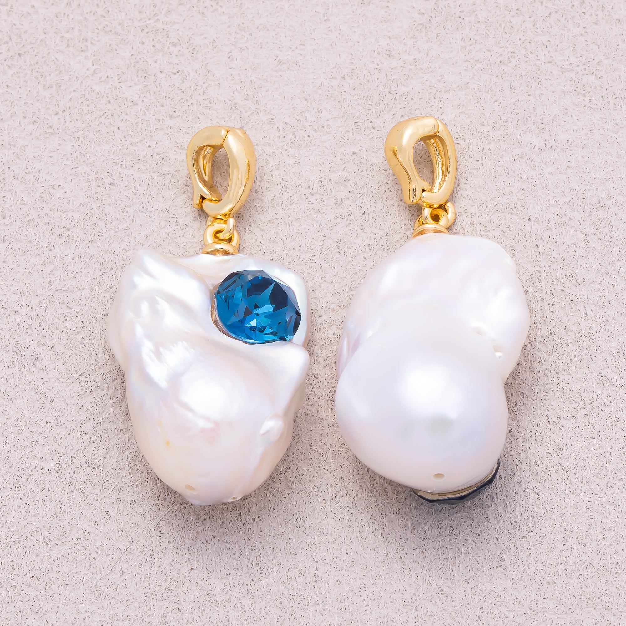 18K Gold Plated Blue CZ White Freshwater Pearl Conch Shell Pendant - Sold Each