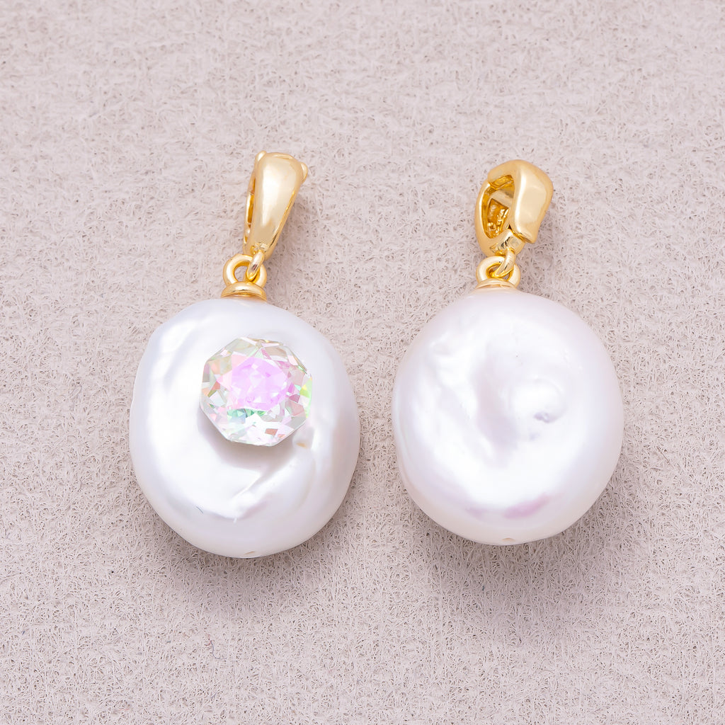 18K Gold Plated Clear CZ Baroque White Freshwater Pearl Coin Pendant - Sold Each