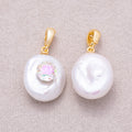 18K Gold Plated Clear CZ Baroque White Freshwater Pearl Coin Pendant - Sold Each