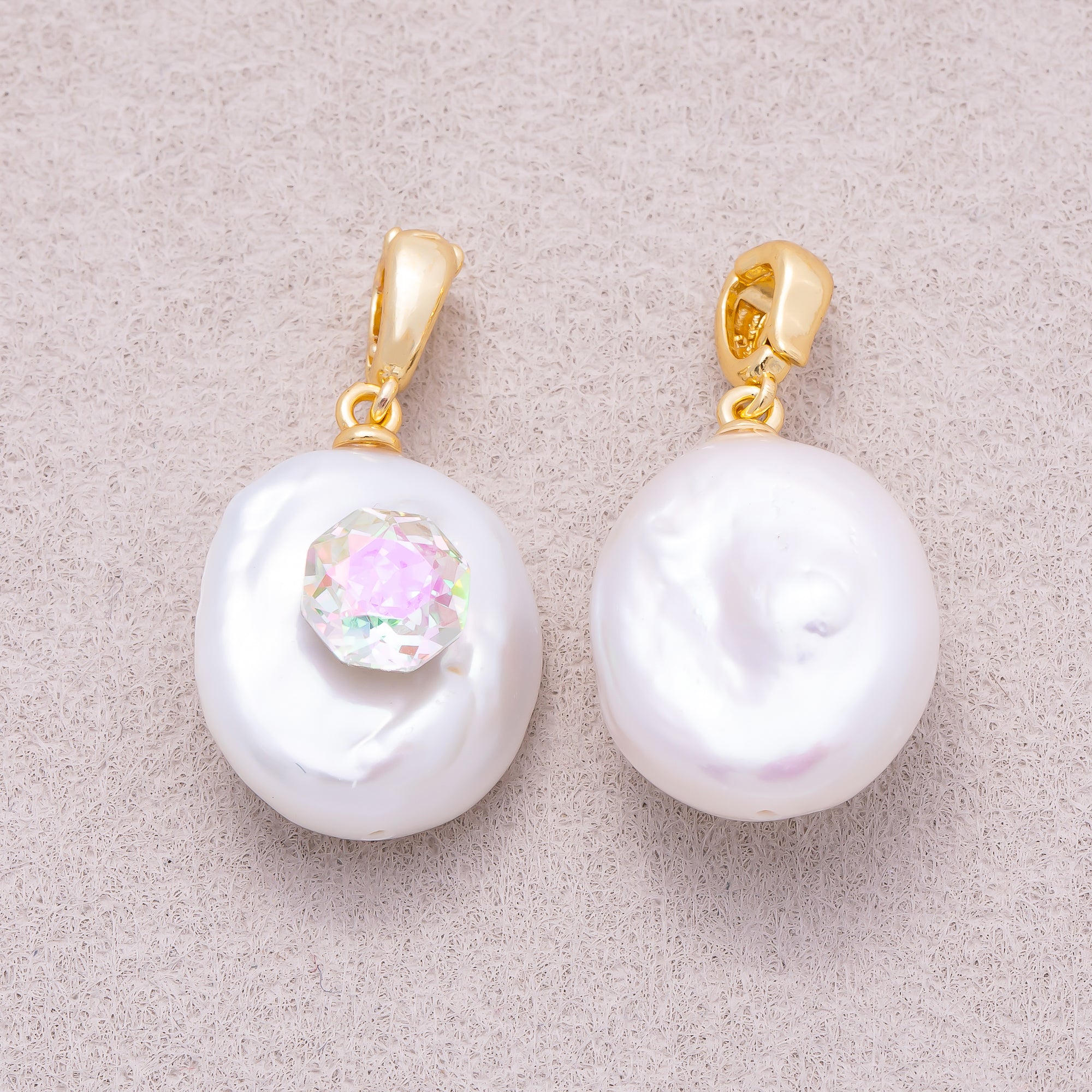 18K Gold Plated Clear CZ Baroque White Freshwater Pearl Coin Pendant - Sold Each