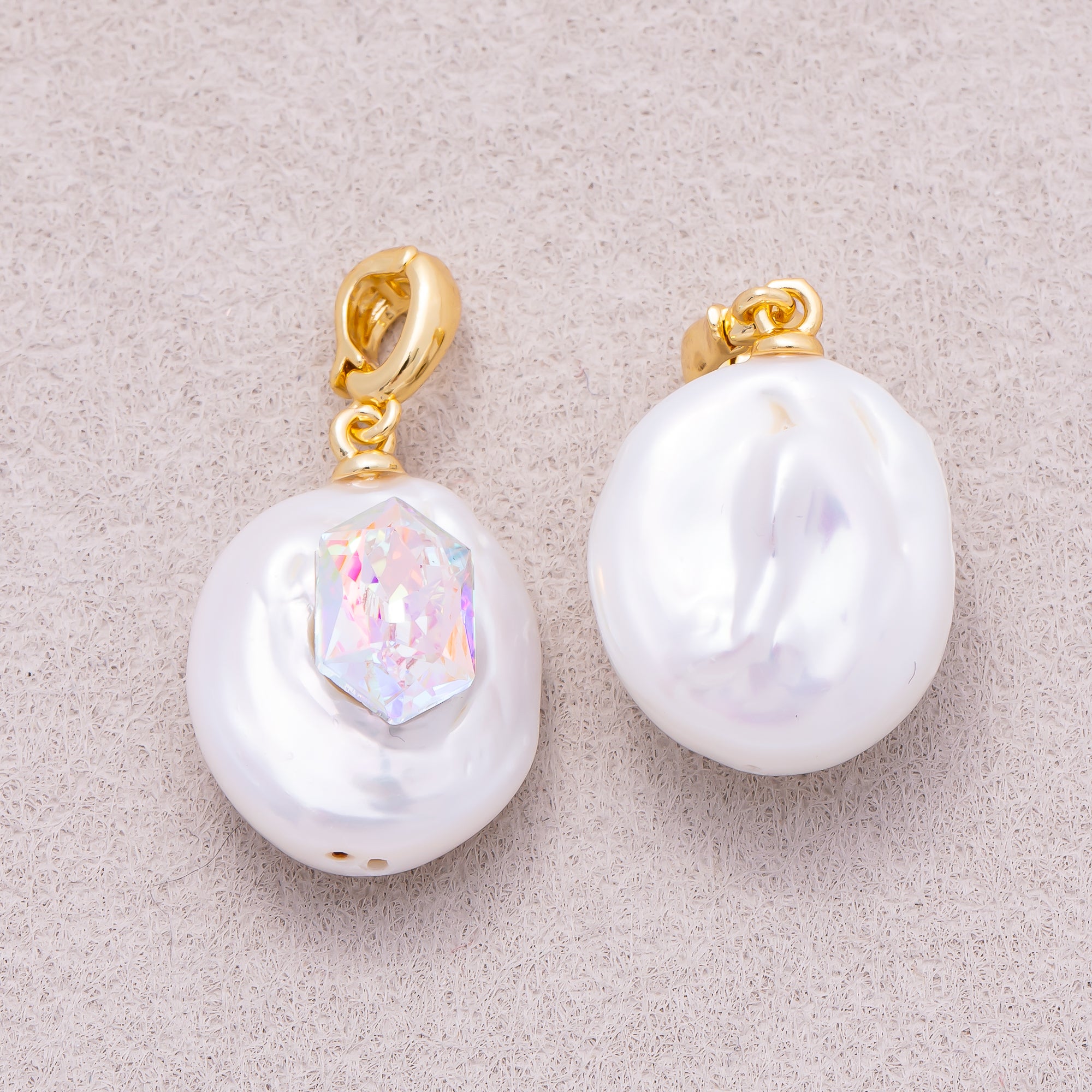 18K Gold Plated Hexagon CZ Baroque White Freshwater Pearl Coin Pendant - Sold Each
