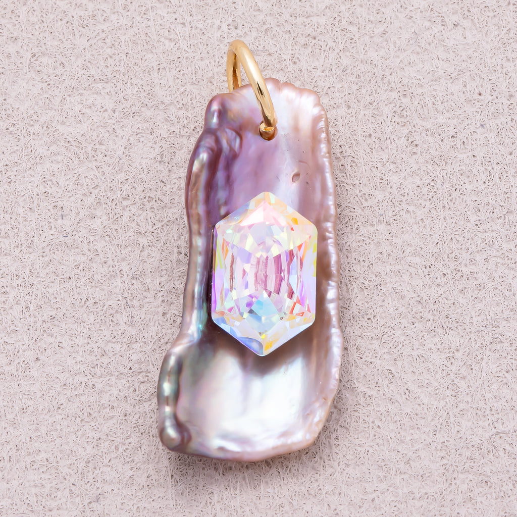 18K Gold Plated Hexagon CZ Stick Baroque Iridescent Freshwater Pearl Charm - Sold Each
