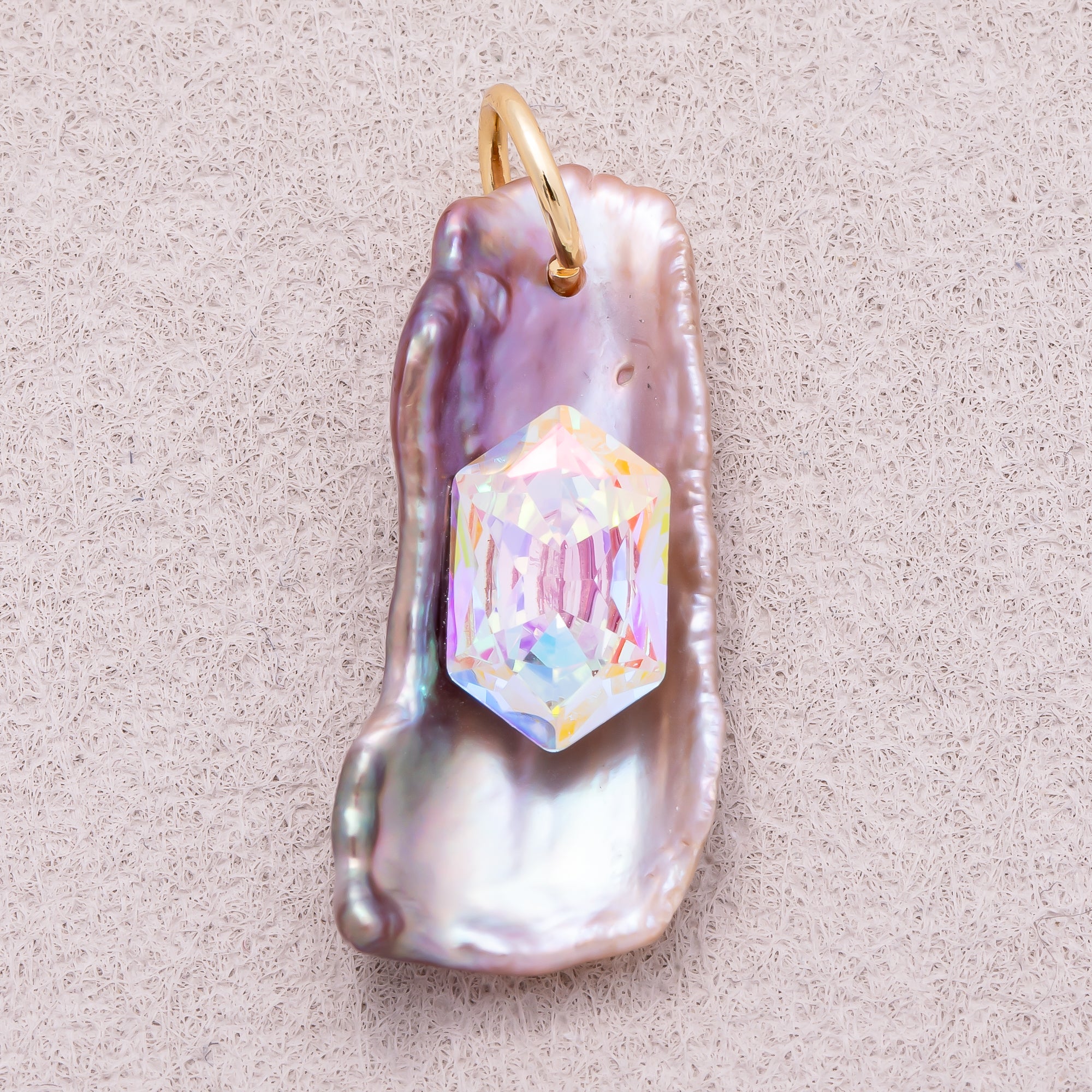18K Gold Plated Hexagon CZ Stick Baroque Iridescent Freshwater Pearl Charm - Sold Each
