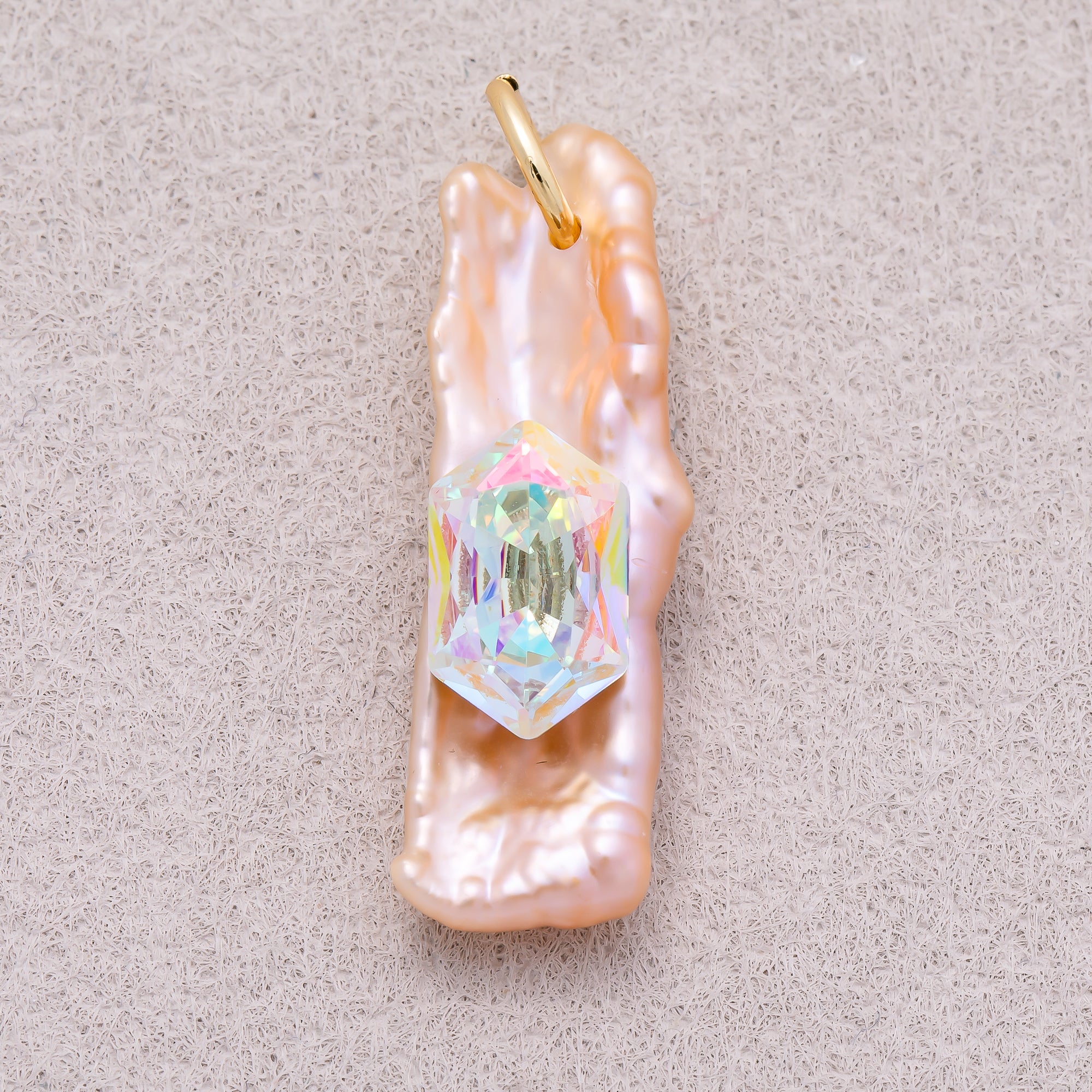 18K Gold Plated Hexagon CZ Stick Baroque Iridescent Freshwater Pearl Charm - Sold Each
