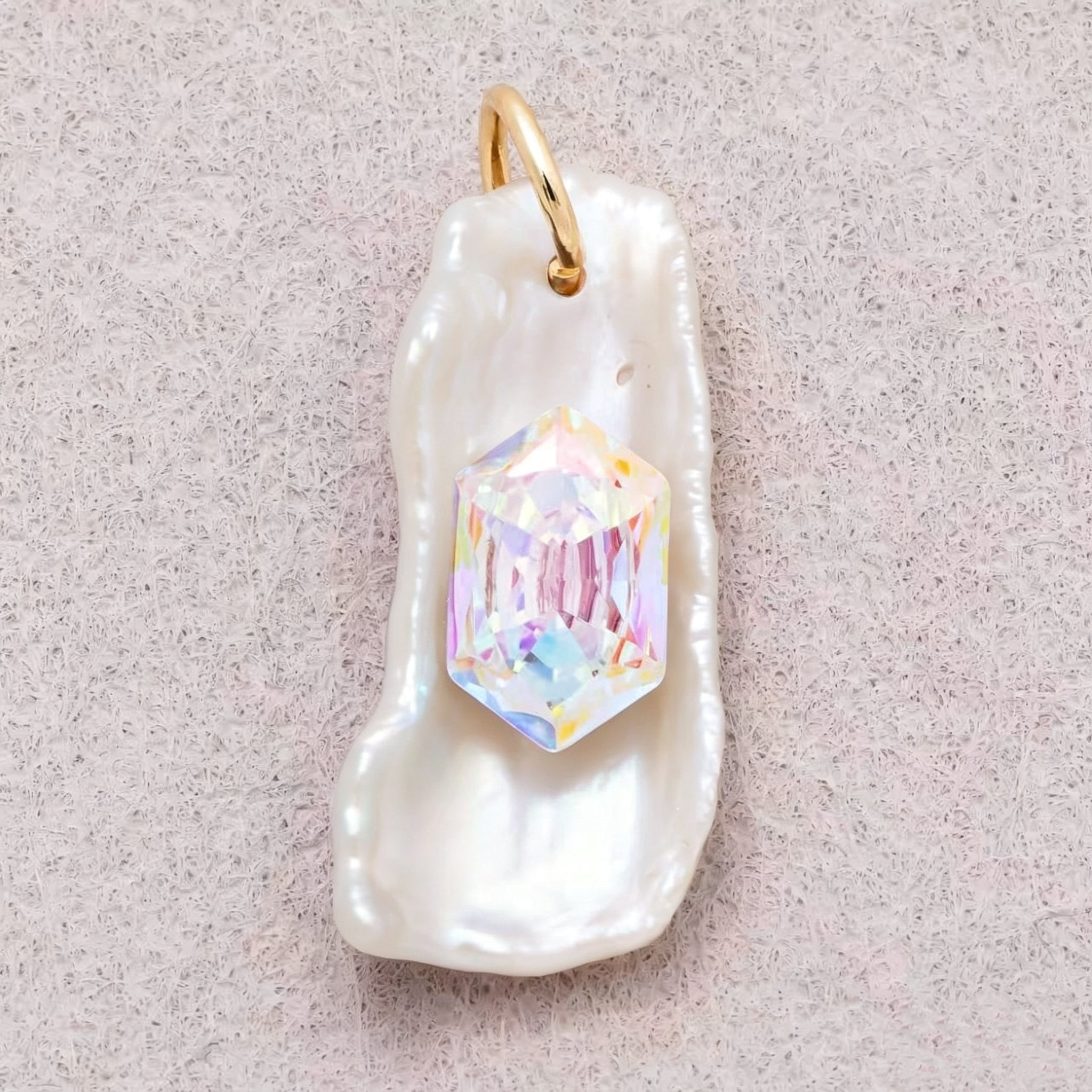 18K Gold Plated Hexagon CZ Stick Baroque Iridescent Freshwater Pearl Charm - Sold Each