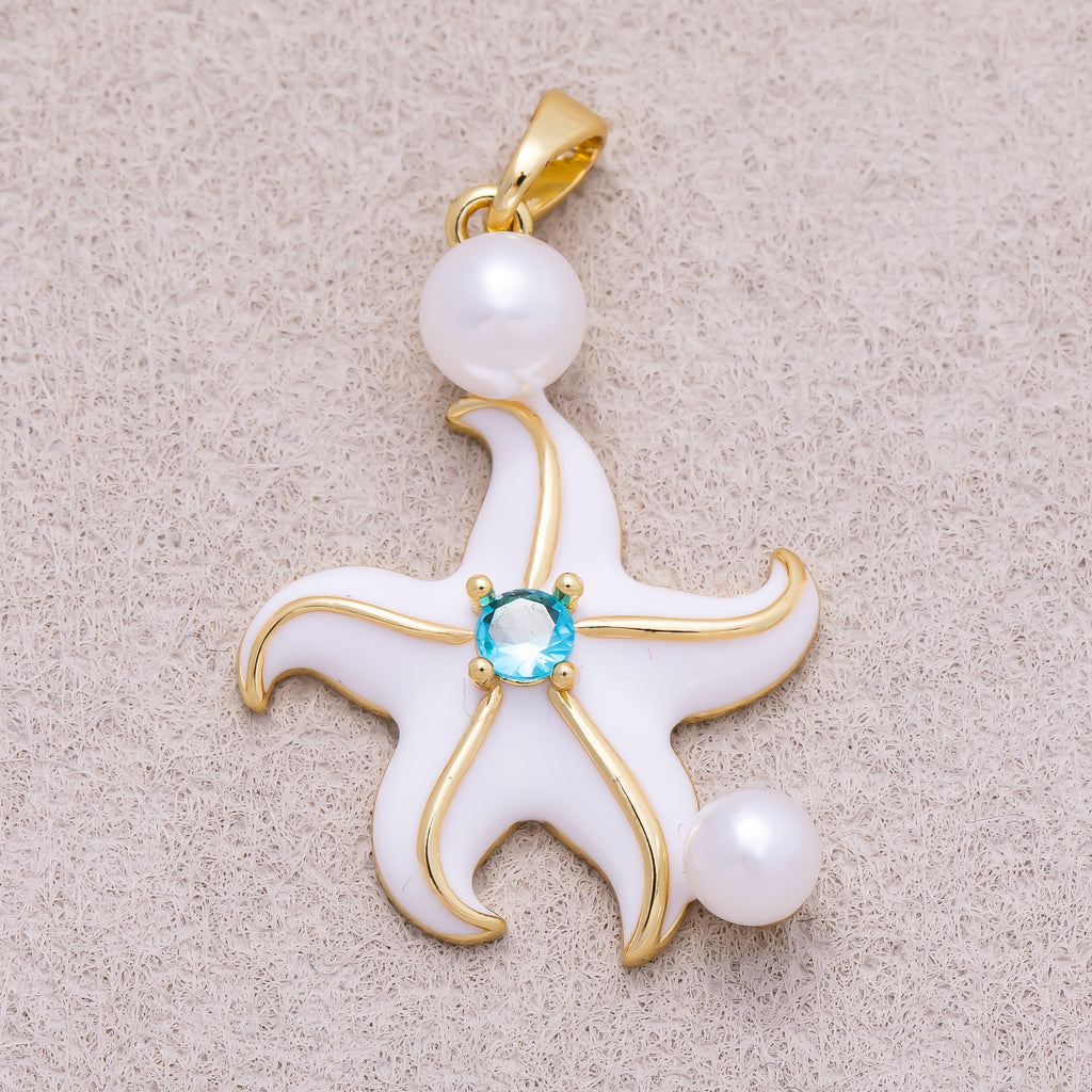 16K Gold Plated Shell Pearl Blue CZ Ocean Starfish Enamel Pendant - Sold Each