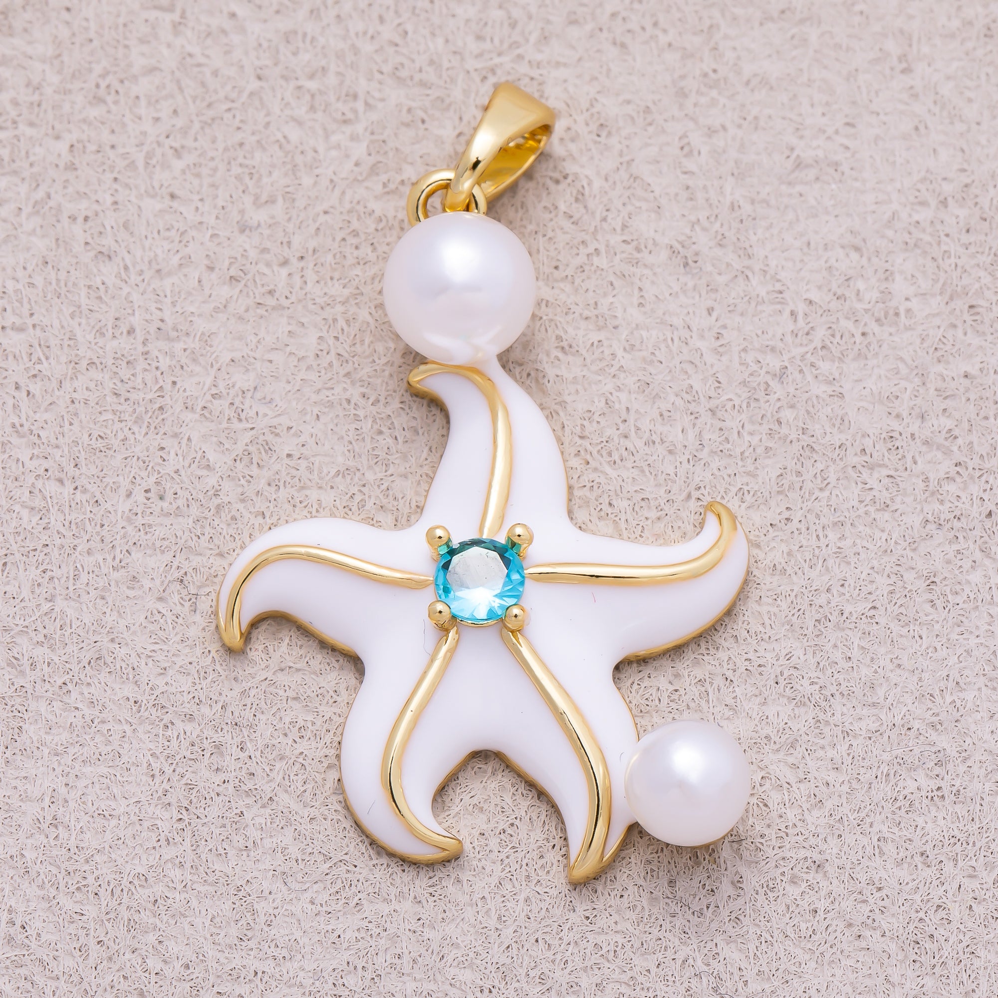16K Gold Plated Shell Pearl Blue CZ Ocean Starfish Enamel Pendant - Sold Each