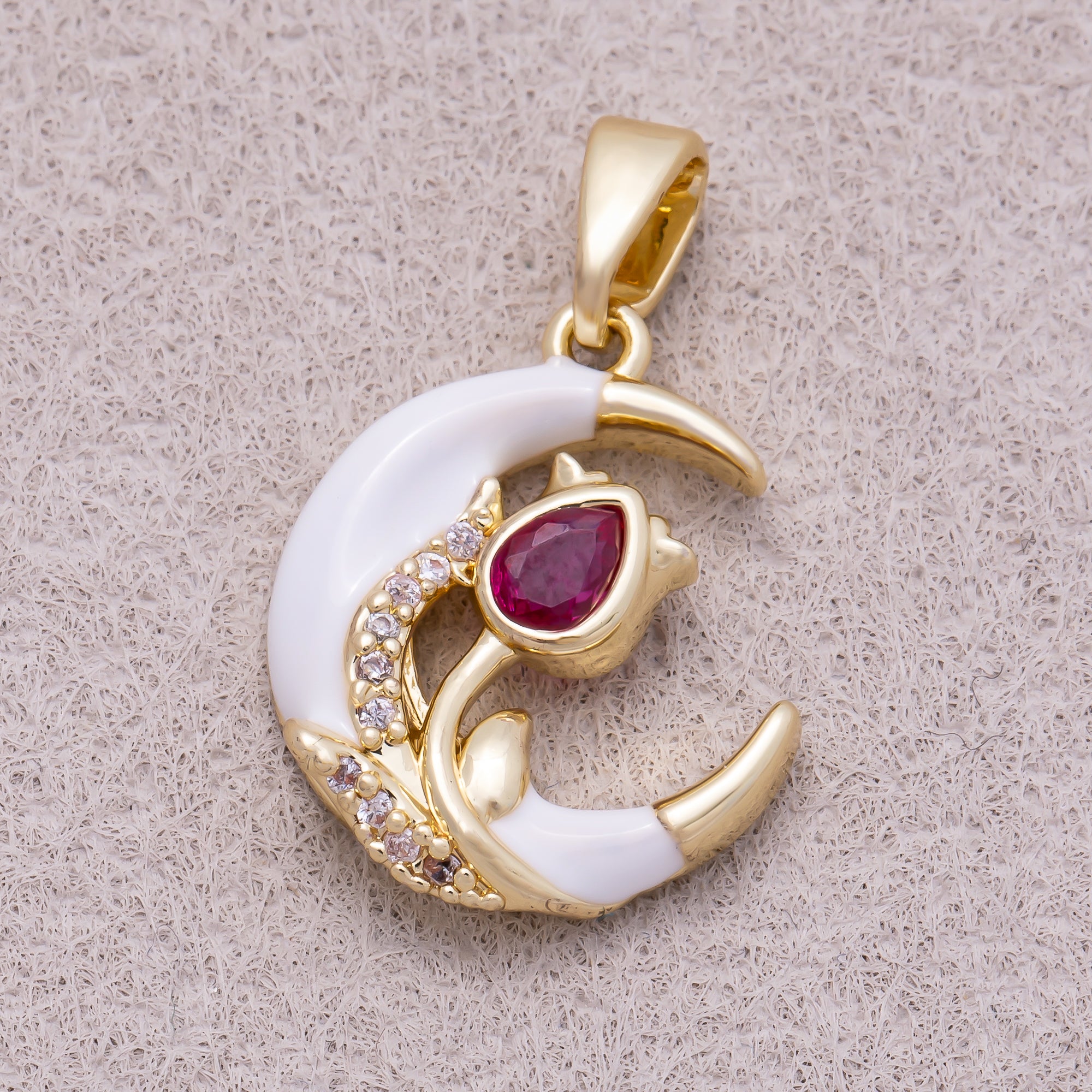 16K Gold Plated Micro Paved CZ Flower Crescent Moon White Enamel Pendant - Sold Each