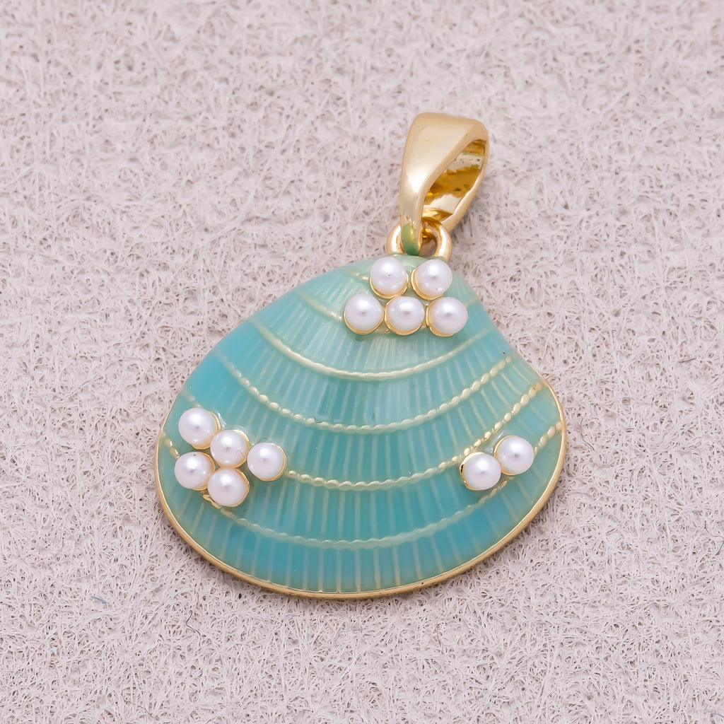 16K Gold Shell Pearl Blue Turquoise Ocean Seashell Enamel Pendant - Sold Each