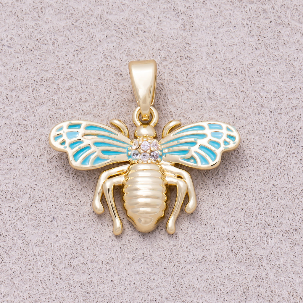 16K Gold Plated Clear CZ Blue Enamel Bumble Bee Animal Pendant - Sold Each