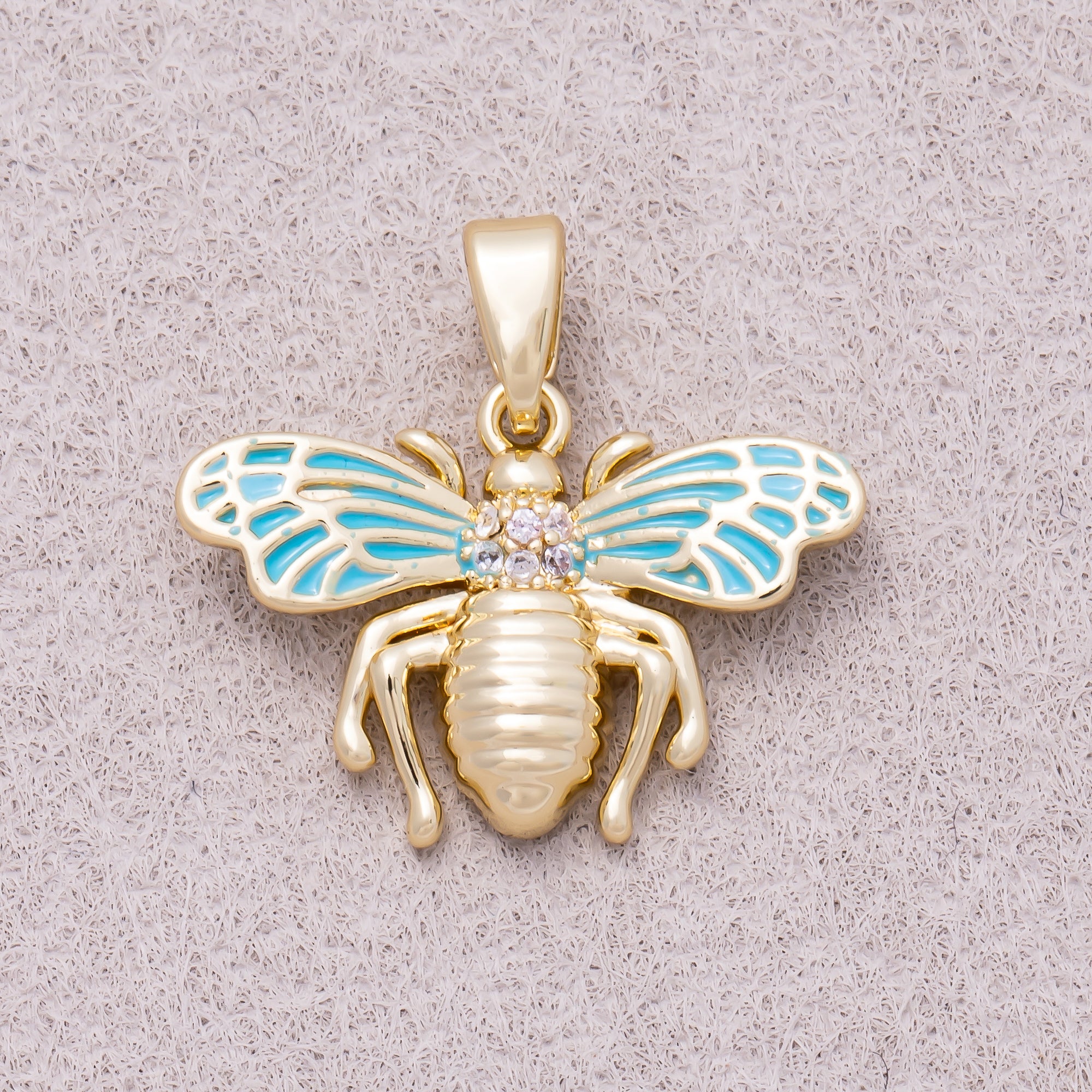 16K Gold Plated Clear CZ Blue Enamel Bumble Bee Animal Pendant - Sold Each