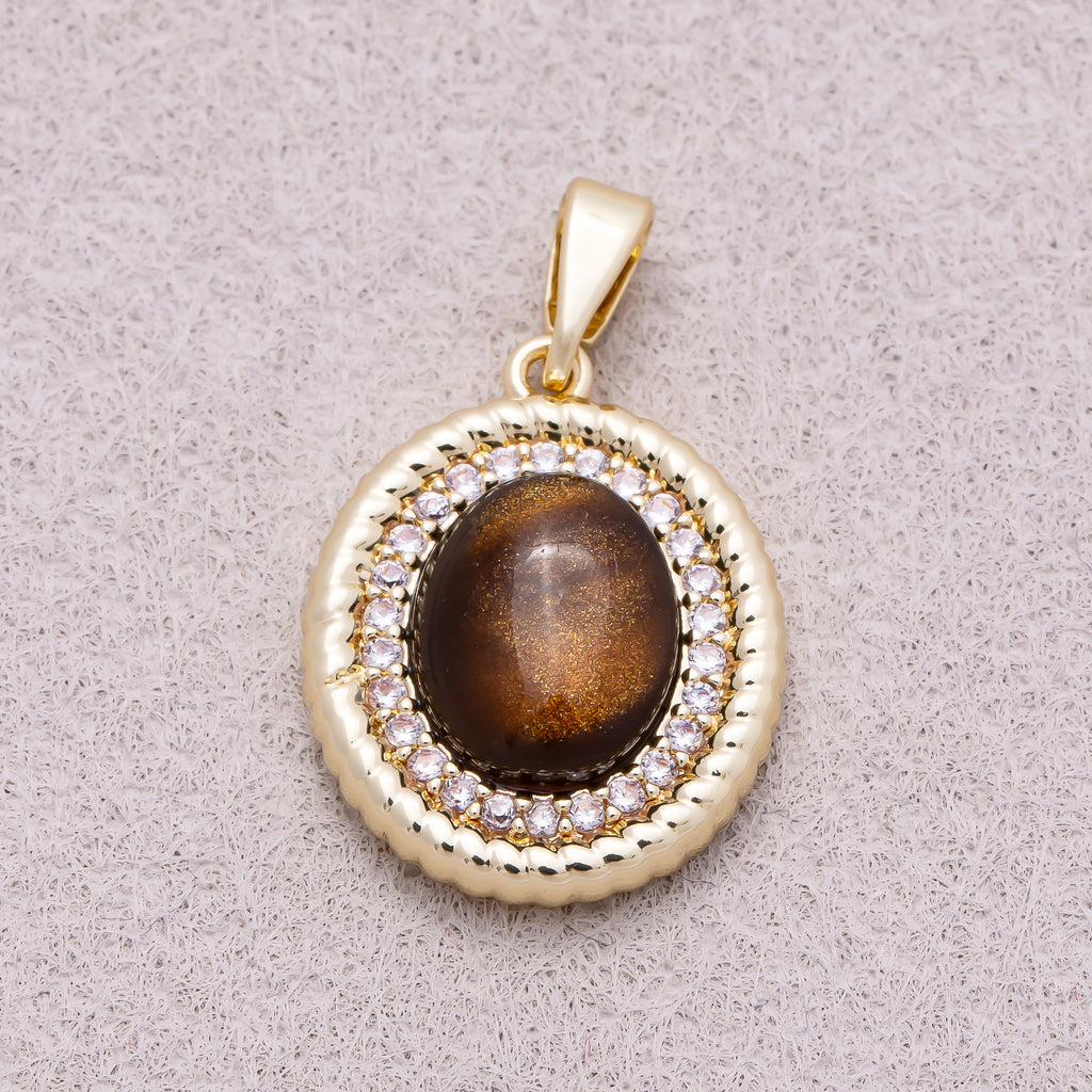 16K Gold Plated Micro Paved CZ Tiger Eye Natural Gemstone Bezel Rope Pendant - Sold Each