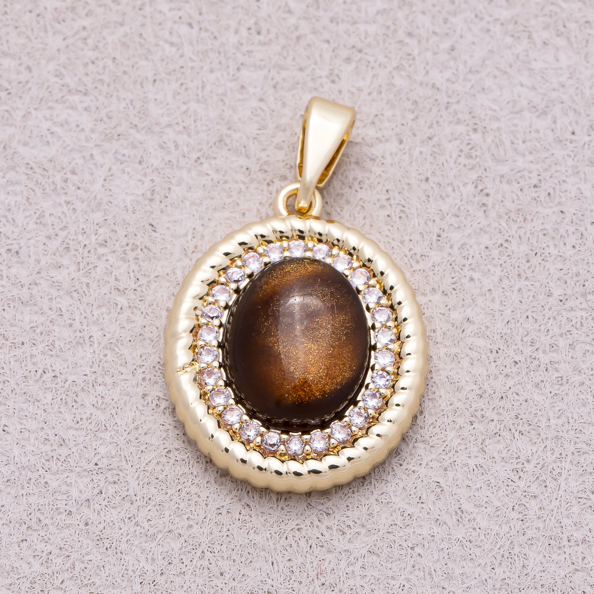 16K Gold Plated Micro Paved CZ Tiger Eye Natural Gemstone Bezel Rope Pendant - Sold Each