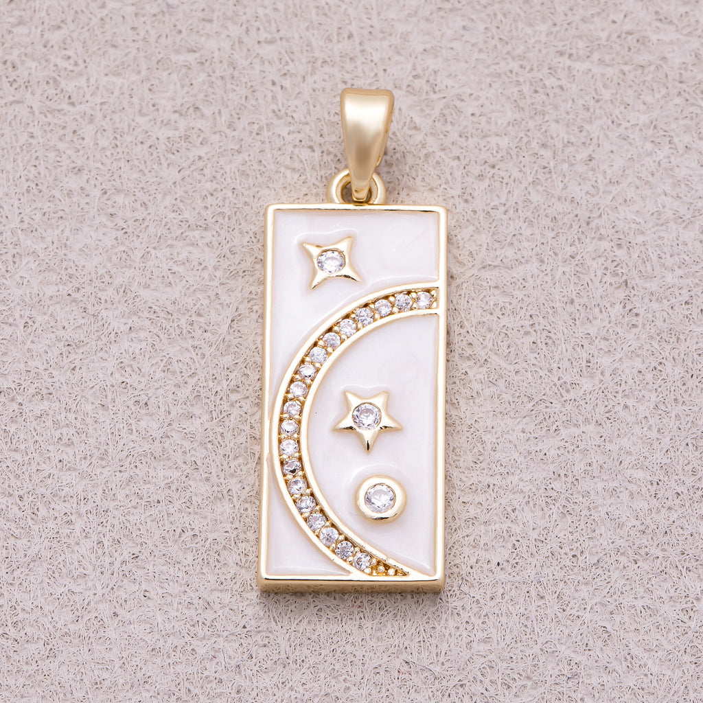 16K Gold Plated Clear CZ White Enamel Celestial Moon and Star Rectangular Tag Pendant - Sold Each