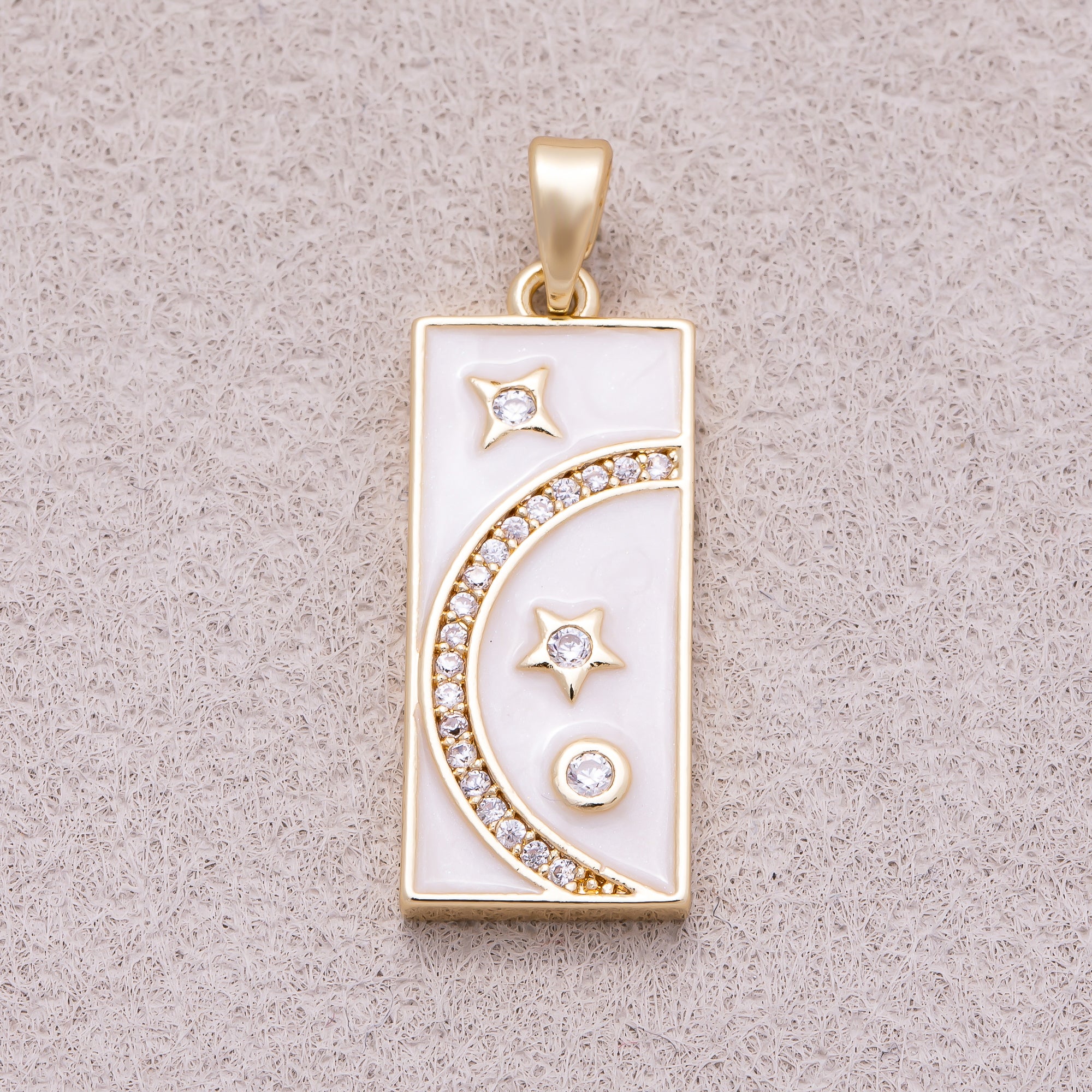 16K Gold Plated Clear CZ White Enamel Celestial Moon and Star Rectangular Tag Pendant - Sold Each