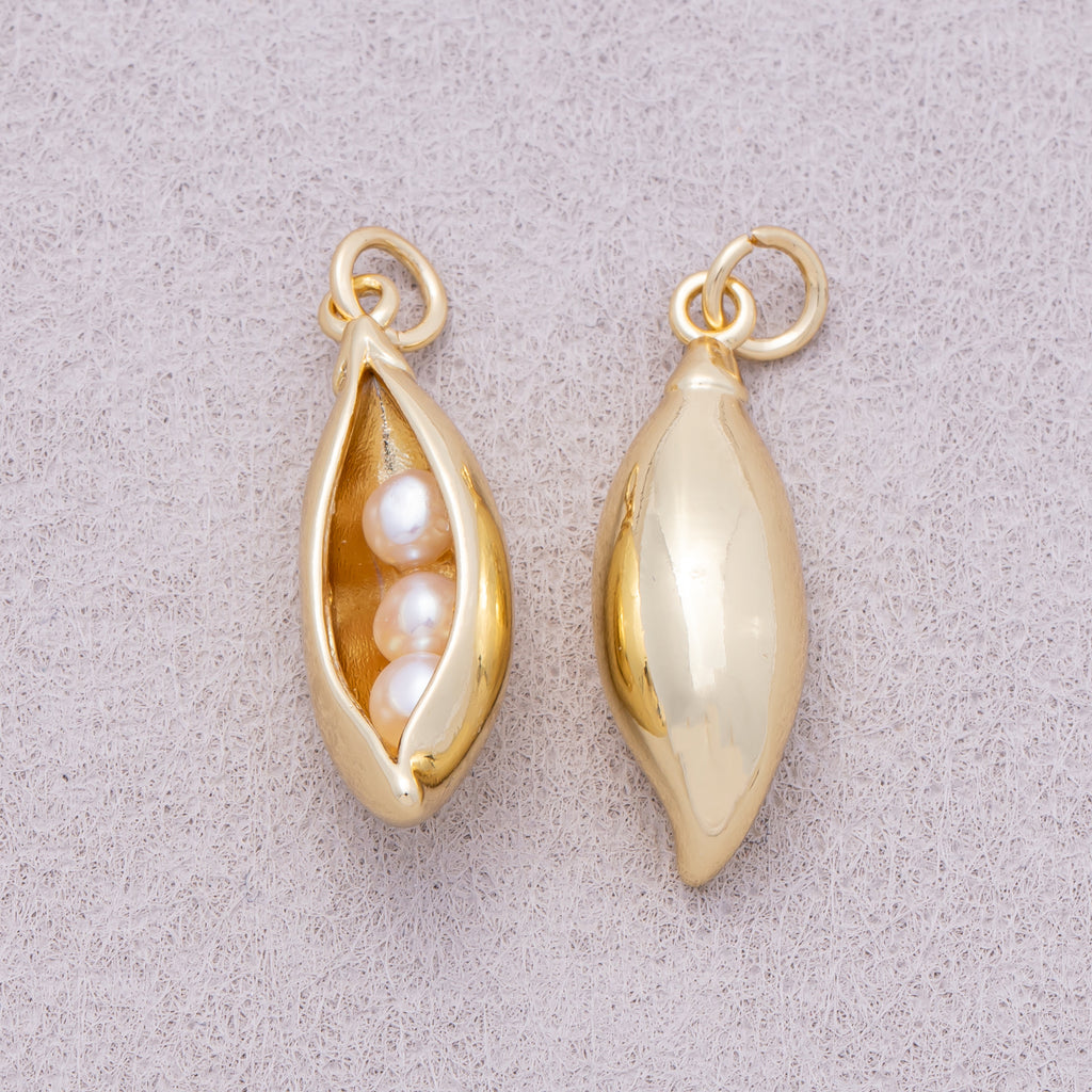16K Gold Plated Triple Shell Pearl Pea Pod Vegetable Charm - Sold Each