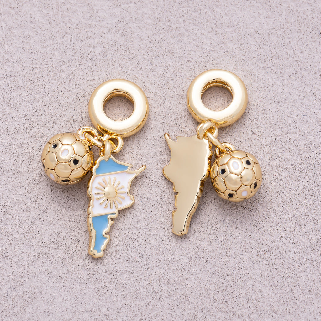 16K Gold Plated Argentina Map Flag & Soccer Ball Dual Dangle Pendant - Sold Each