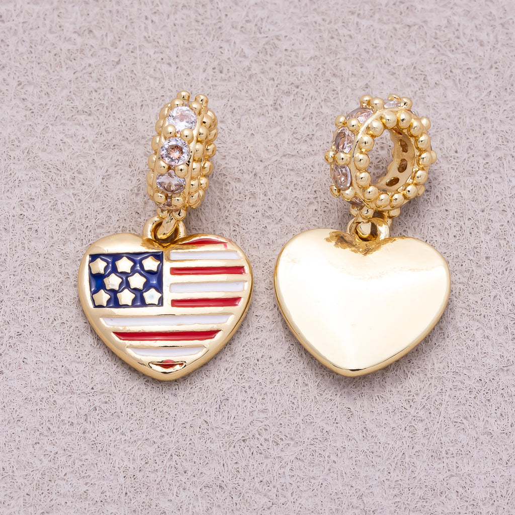 16K Gold Plated Micro Paved CZ Puffy Heart USA Flag Enamel Pendant - Sold Each
