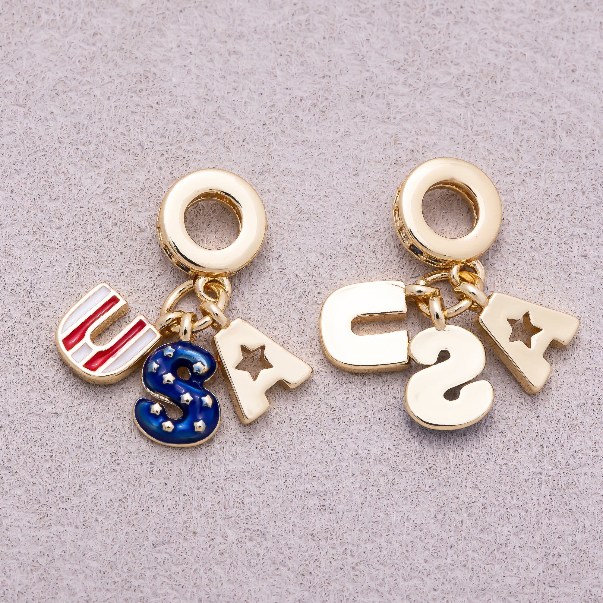 16K Gold Plated Clear CZ Letter USA Flag Enamel Pendant - Sold Each