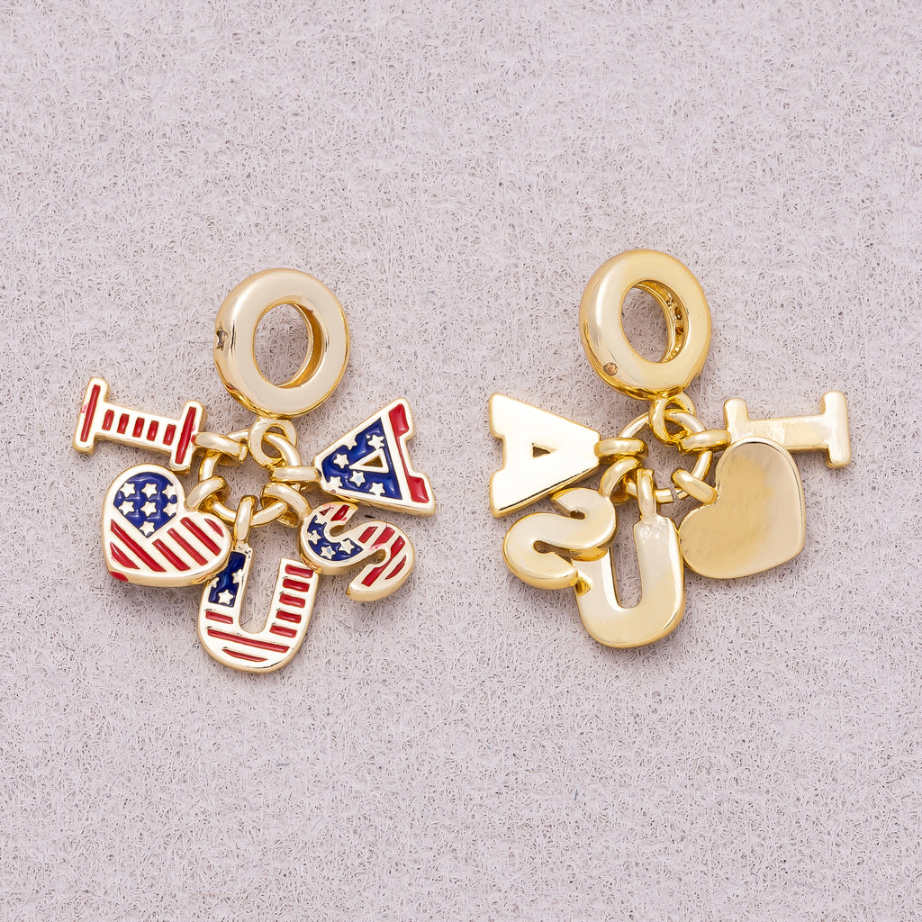 16K Gold Plated Travel Themed Patriotic American Flag Heart Slider Pendant - Sold Each