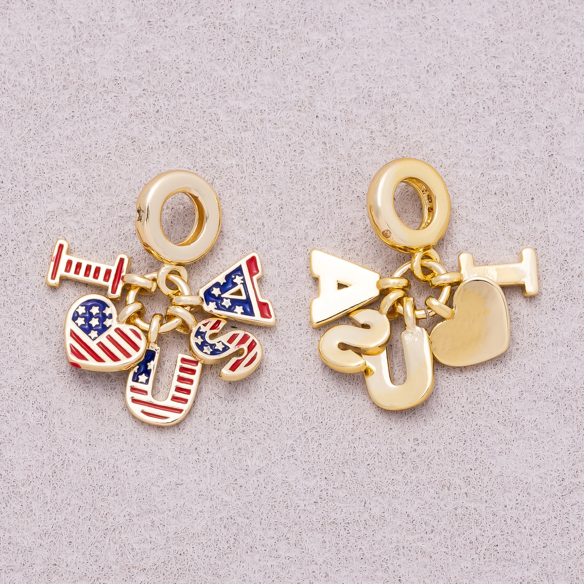16K Gold Plated Travel Themed Patriotic American Flag Heart Slider Pendant - Sold Each