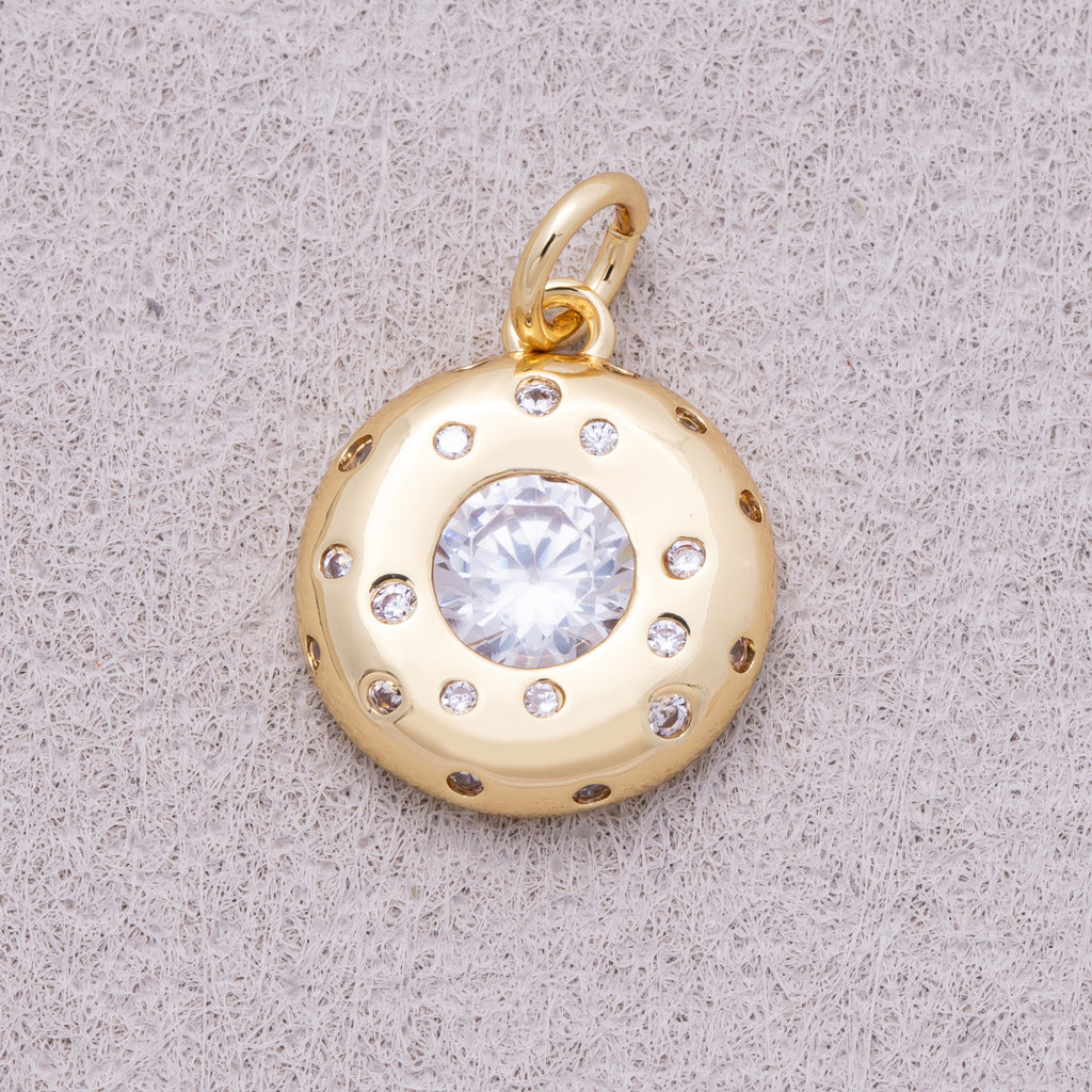 16K Gold Plated Round Beaded CZ Medallion Charm - Sold Each