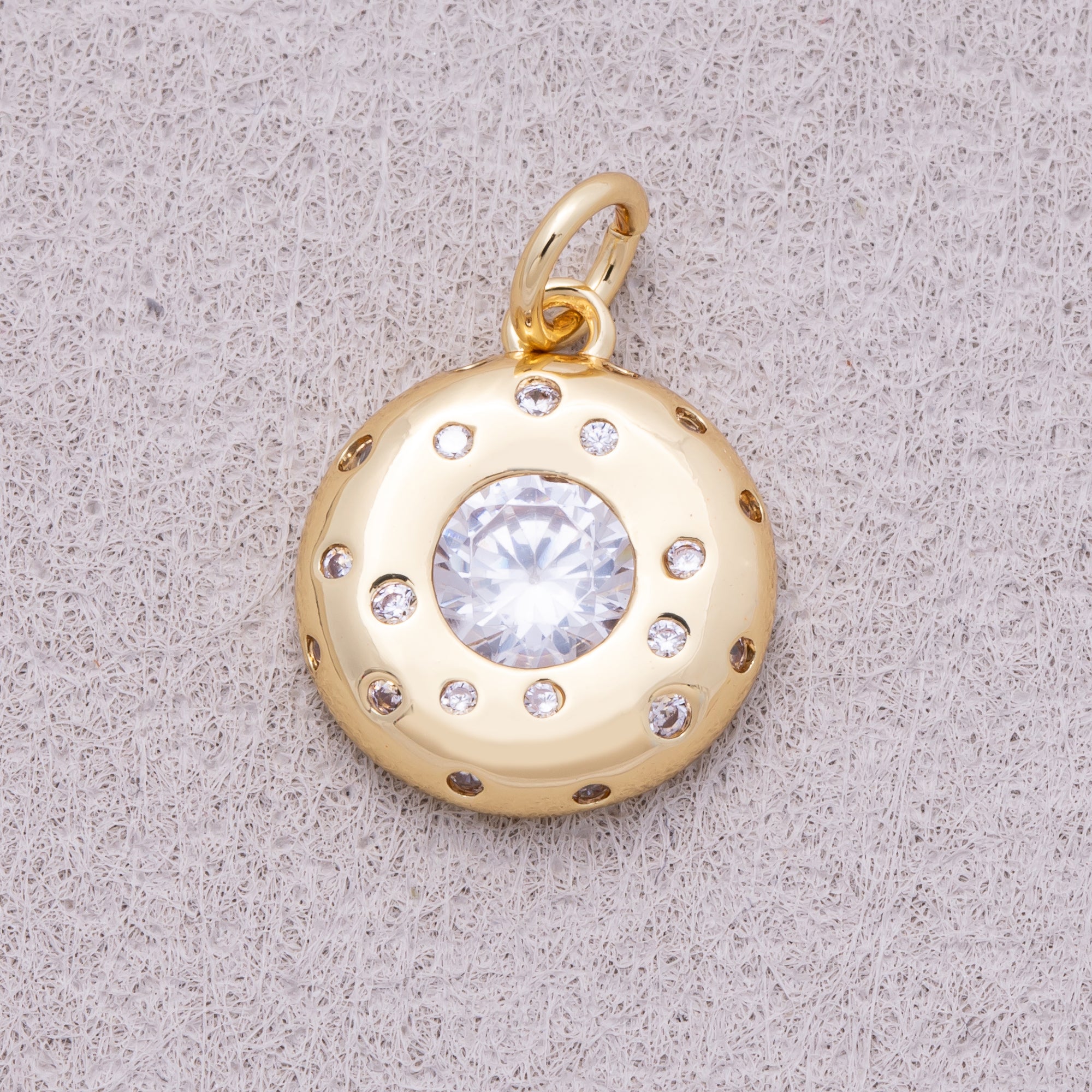 16K Gold Plated Round Beaded CZ Medallion Charm - Sold Each