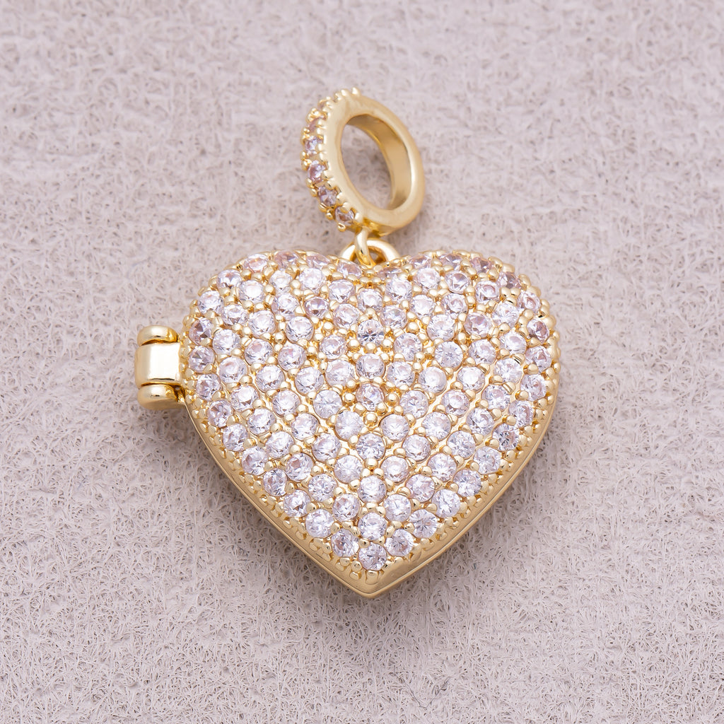 16K Gold Plated Micro Paved CZ Love Heart Open Locket Slider Pendant - Sold Each