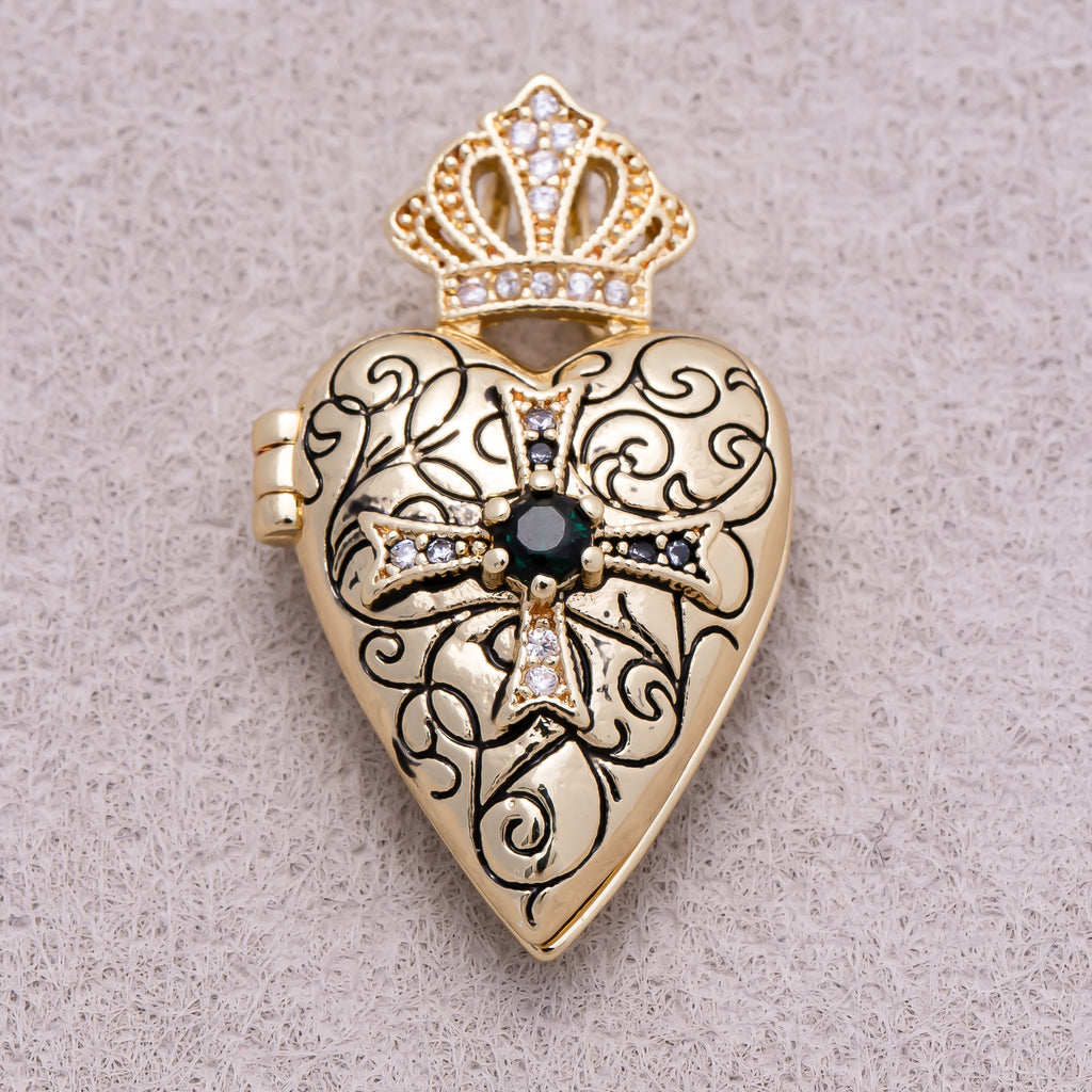 16K Gold Plated Emerald CZ Gothic Ornate Cross Heart Open Locket Pendant - Sold Each