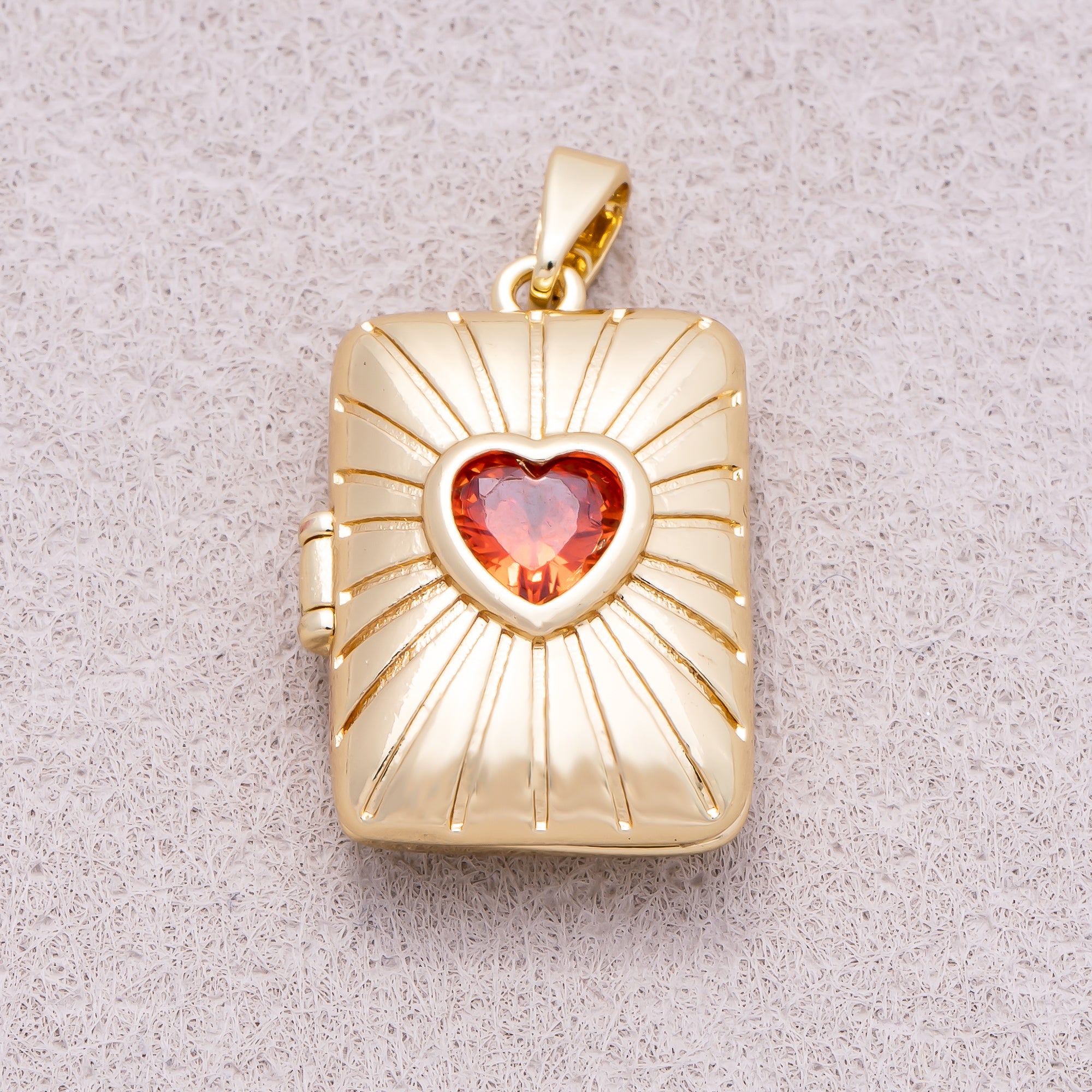 16K Gold Plated Red Heart CZ Sunrays Rectangular Open Locket Pendant - Sold Each