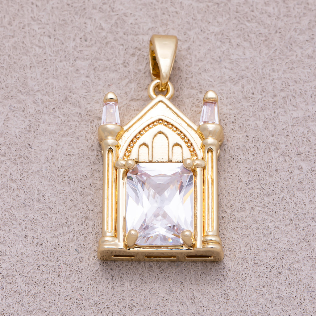 16K Gold Plated Clear CZ Architectural Vintage Church Pendant - Sold Each