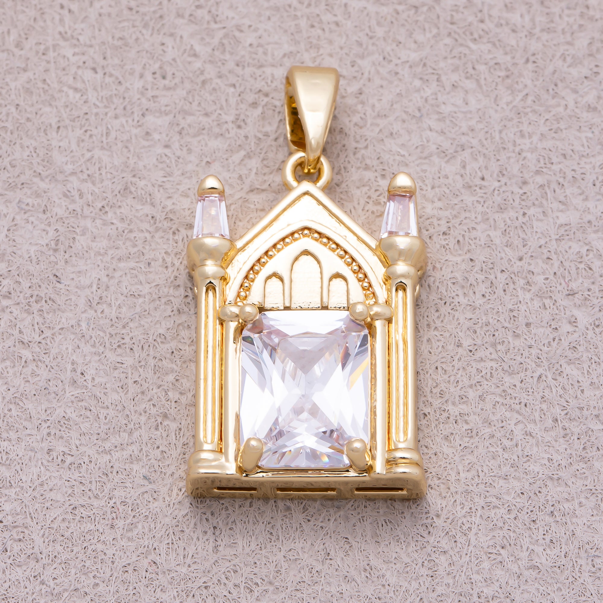 16K Gold Plated Clear CZ Architectural Vintage Church Pendant - Sold Each
