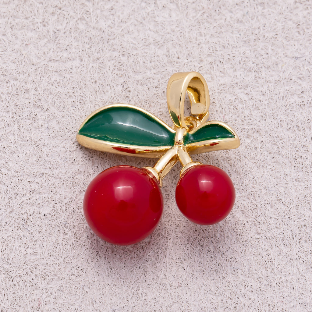 16K Gold Plated Red Enamel Cherry Fruit Pendant - Sold Each